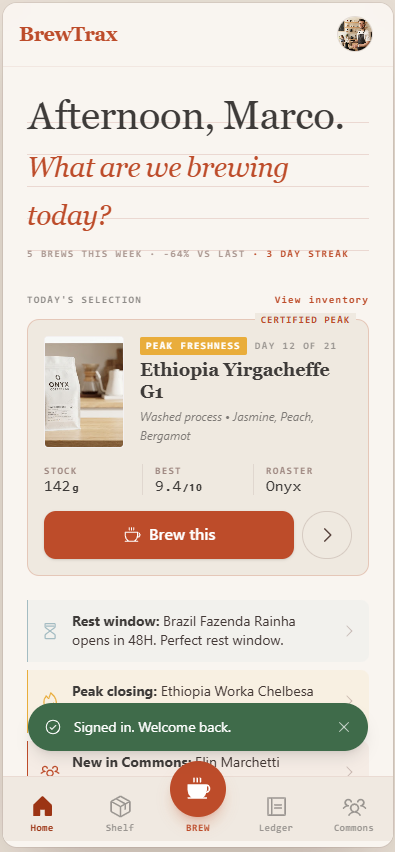 BrewTrax coffee tracking interface